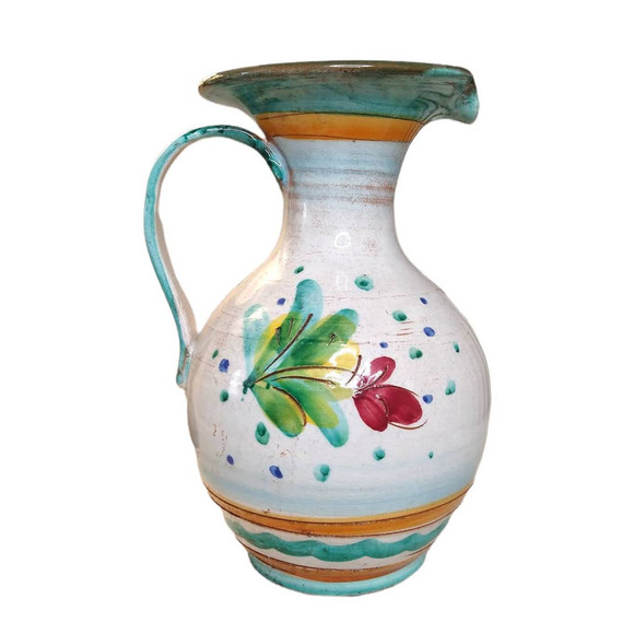 Vintage Hand Painted Pitcher Flowers Pottery Jug Floral Carved Mexico? Italy? - Picture 3 of 8